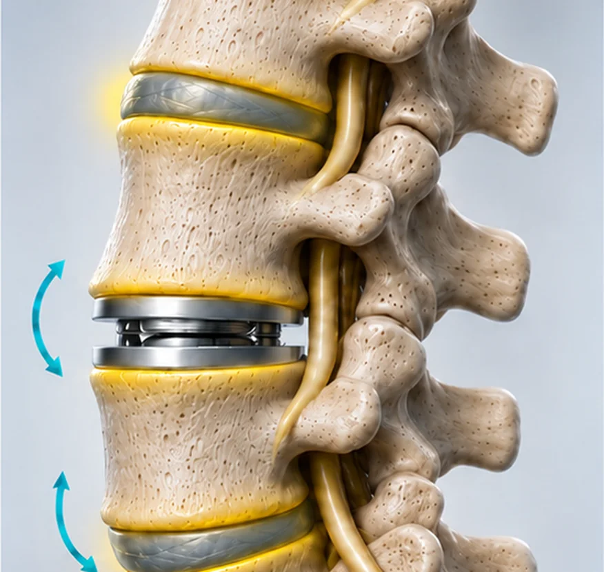 Illustration of an artificial disc implanted between two vertebrae, with movement retained at the treated level.