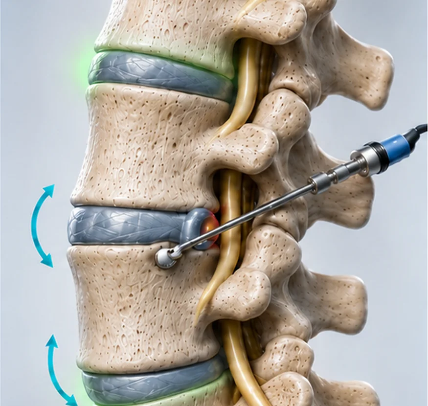 Illustration of an endoscope reaching a lumbar disc through a small posterolateral portal, with motion preserved at the levels above and below.
