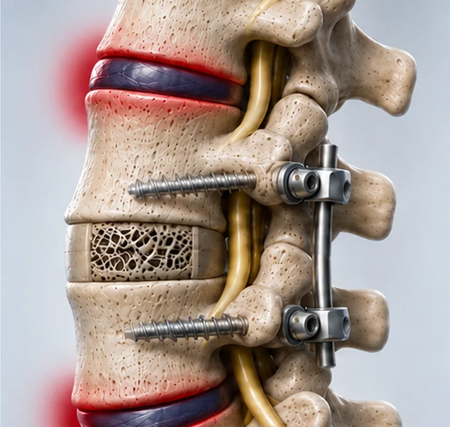 Illustration of an instrumented spinal fusion with screws, a rod and a bone graft cage, with the treated segment no longer moving.