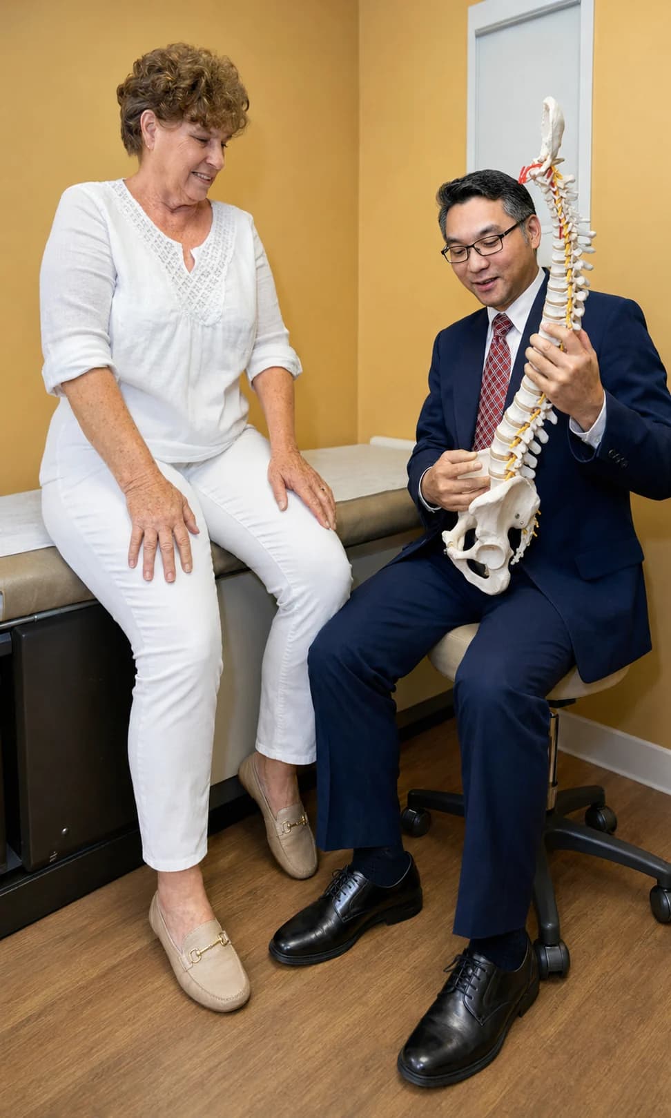 Dr. Thongtrangan seated with a patient in an exam room, using a spine model to explain her anatomy.