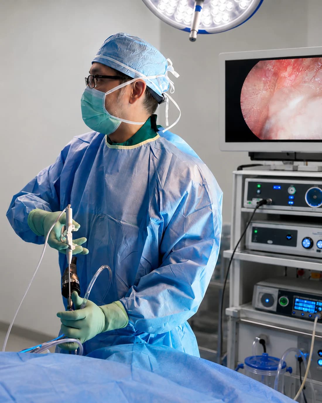 Dr. Thongtrangan operating through a small portal, working from the endoscopic view on the monitor beside him.