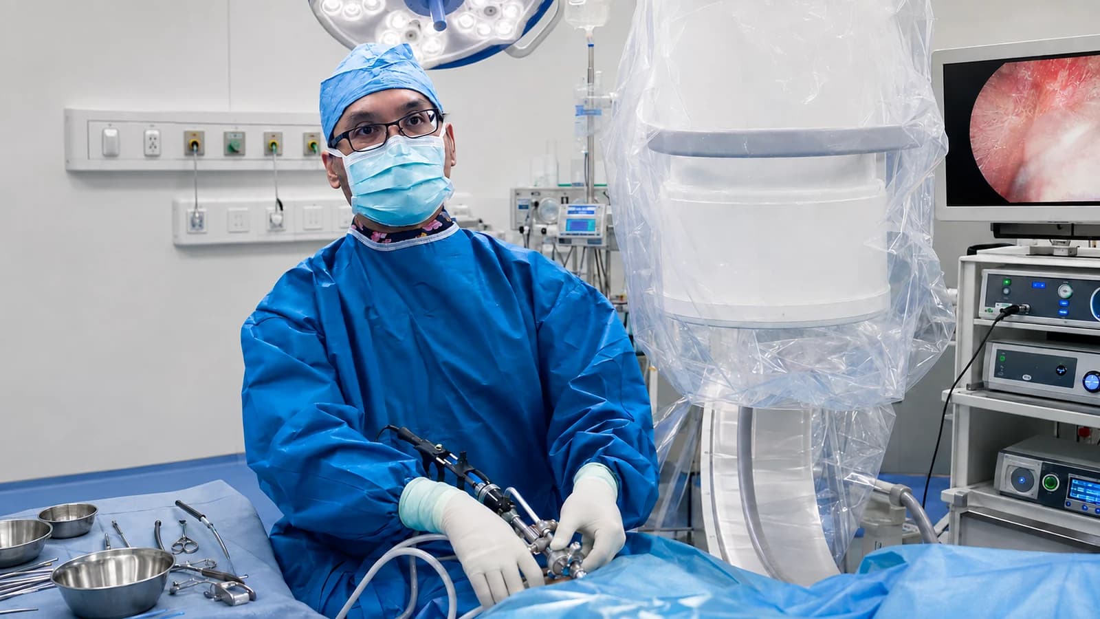 Issada Thongtrangan, MD, gowned and gloved in the operating room holding endoscopic instruments, with the endoscope monitor behind him.